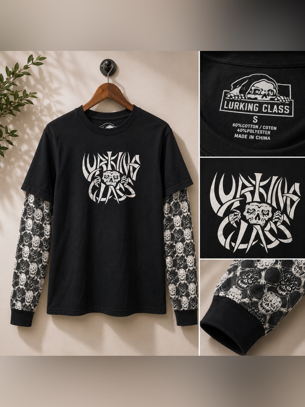 Lurking Class by Sketchy Tank Bones Black 2fer Long Sleeve T-Shirt mens Small